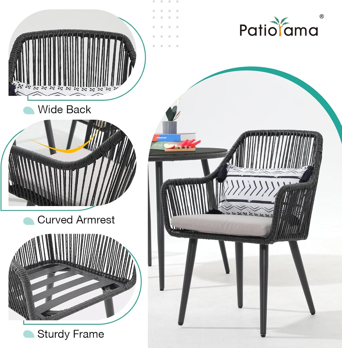 Patiorama 5-Piece Patio Dining Set,Outdoor Dining Table Chair Set,All-Weather Twisted Rattan Wicker Rope Conversation Set,Patio Furniture Set w/Umbrella Hole,4 Cushioned Chairs&Glass Table(Dark Black)