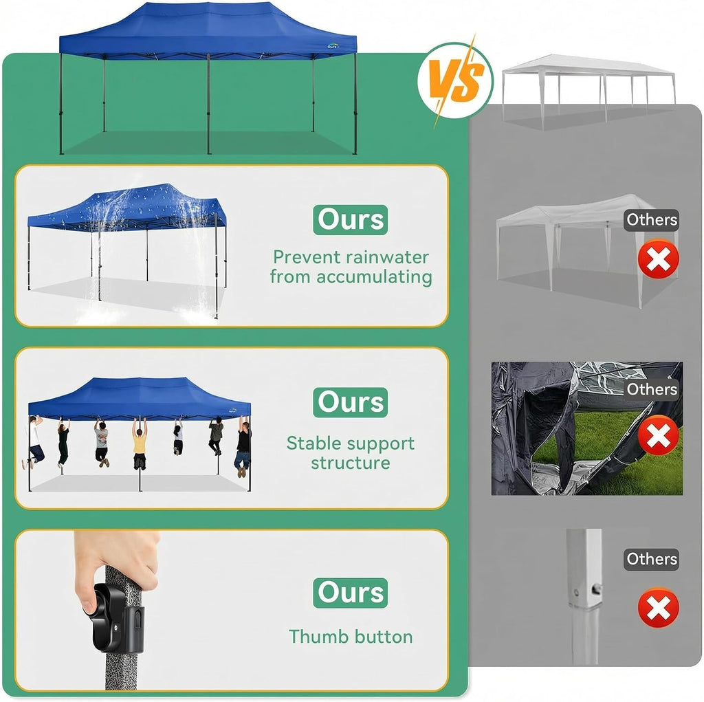 COBIZI 10x20 Heavy Duty Pop Up Canopy Tent with 6 Sidewalls Thicken Frame, Commercial Easy Up Outdoor Wedding Party Tents, All Season Waterproof Windproof with Stakes Sandbags Ropes Roller Bag, Blue