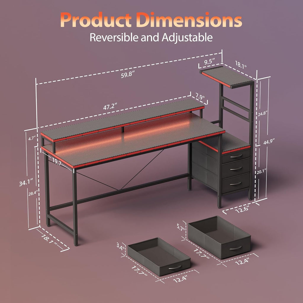 Mericonia Gaming Desk with Power Outlets & LED Lights, Reversible Computer Desk with PC Case Stand, Fabric Drawers, Modern Office Desk with Shelves, Monitor Stand