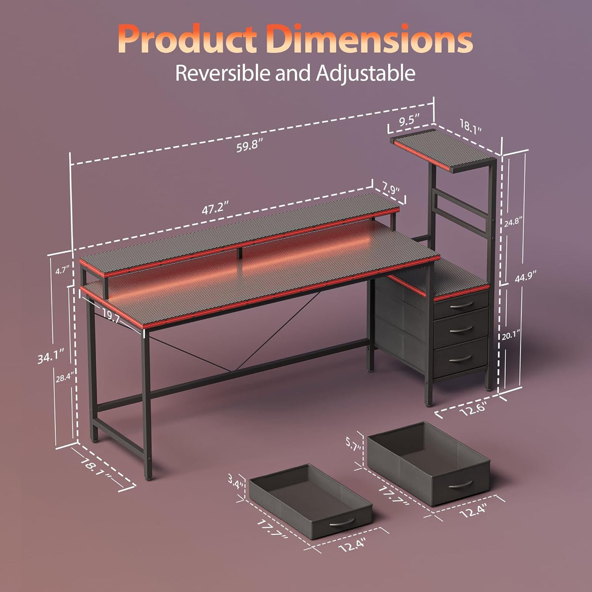 Mericonia Gaming Desk with Power Outlets & LED Lights, Reversible Computer Desk with PC Case Stand, Fabric Drawers, Modern Office Desk with Shelves, Monitor Stand