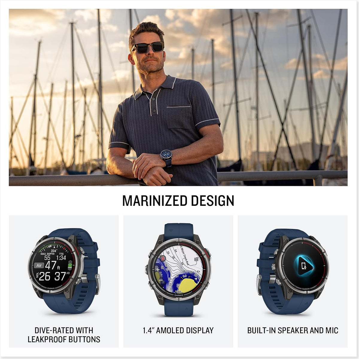 Garmin® quatix® 8, 47 mm, Marine GPS Smartwatch, Bright AMOLED Display, Chartplotter Controls, Built-in Flashlight, 24/7 Health & Wellness Features