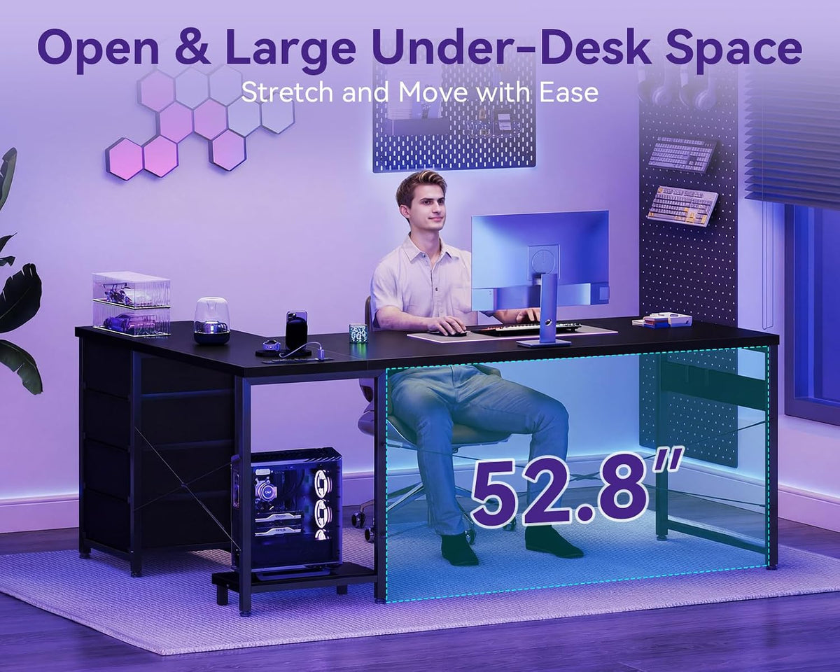 AODK L Shaped Gaming Desk with 4 Drawers, 67' Reversible Home Office Desks with Power Outlets, L Shaped Computer Desk with USB Charging Port and Host Stand, Corner Desk, Easy to Assemble, Black