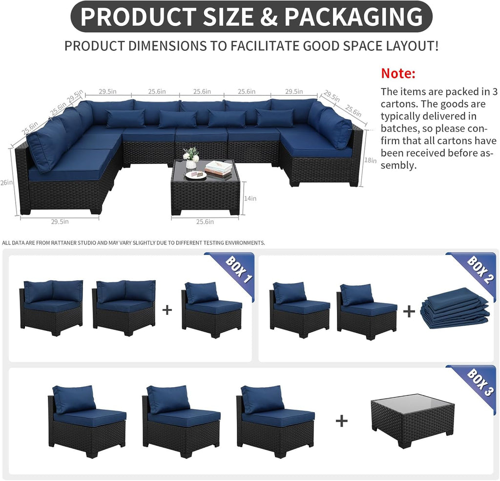 Rattaner 9 Pieces Outdoor Sectional All-Weather Wicker Patio Furniture Set Patio Sectional and Glass Patio Table Non-Slip Cushions and Waterproof Covers, Navy Blue
