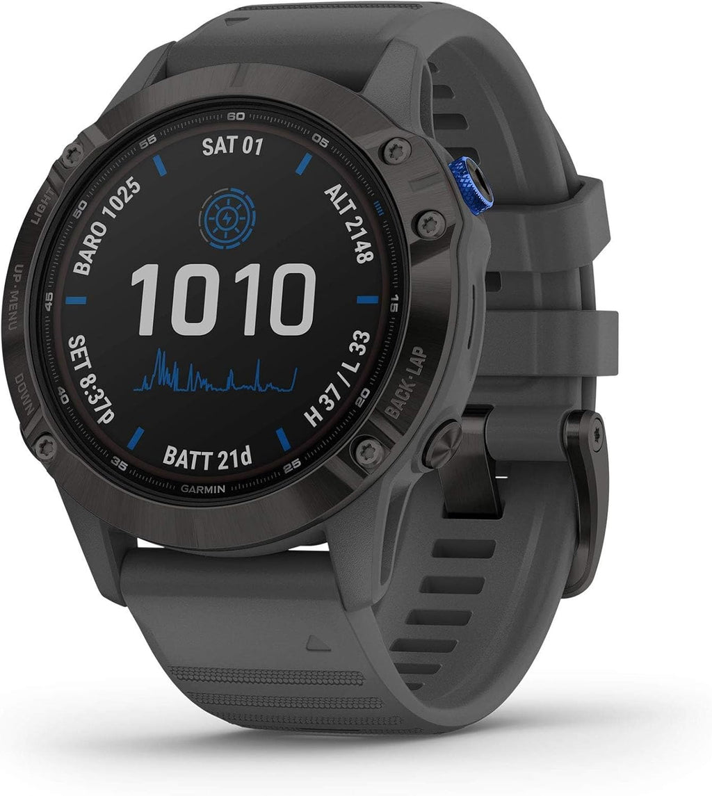 Garmin Fenix 6 Pro Solar (GPS,1.4 inches) Solar-Powered Multisport, Advanced Training Features and Data, Black with Slate Gray Band (Renewed)