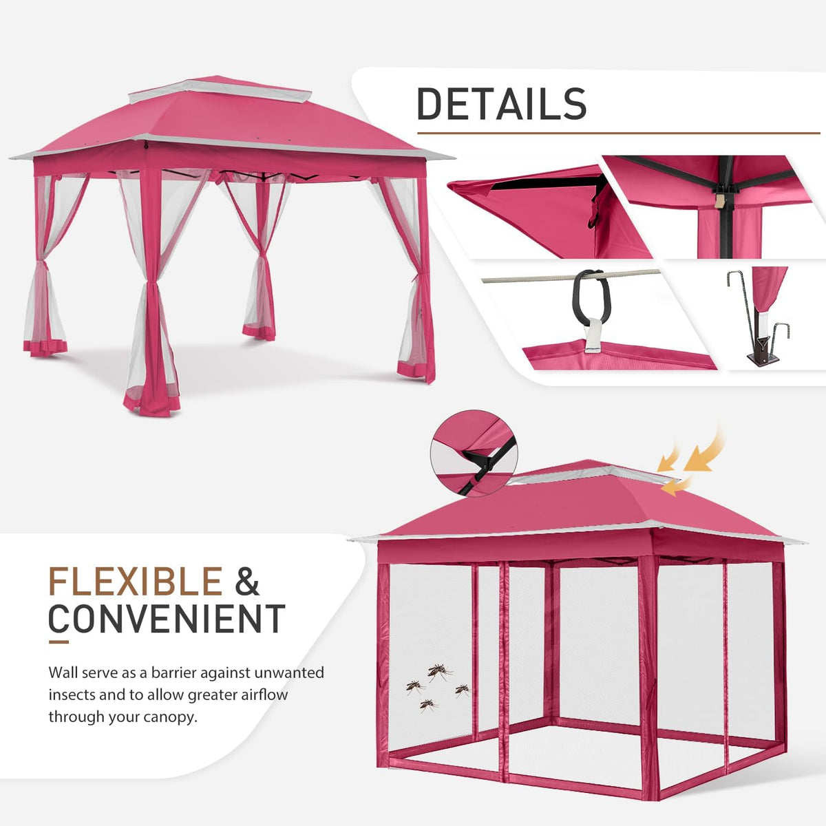 COOS BAY 11x11 Pop Up Gazebo with Mesh Netting, Instant Outdoor Canopy Tent, Water Resistant Shelter with UPF 50+ UV Protection, 121 Sq Ft Coverage, Dark Pink