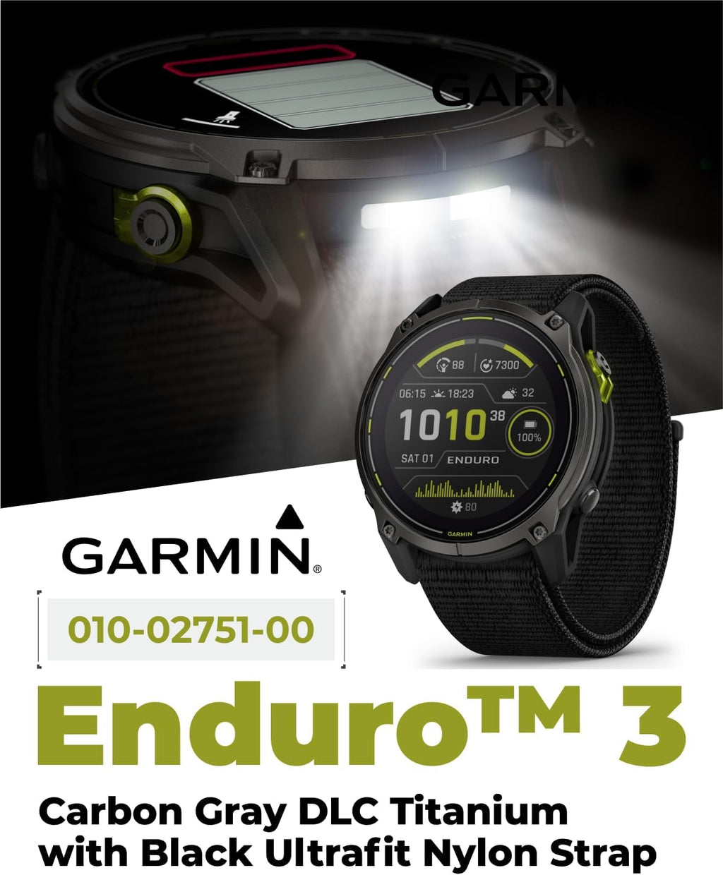 Garmin Enduro 3 – 51 mm, Solar, Sapphire, Ultraperformance GPS Smartwatch, Carbon Gray DLC Titanium with Black UltraFit Nylon Strap Bundle