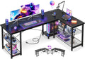 Casaottima 59 Inch L Shaped Gaming Desk with Shelves & Power Outlets, Reversible Computer Desk with Storage Shelves for Home Office, Black