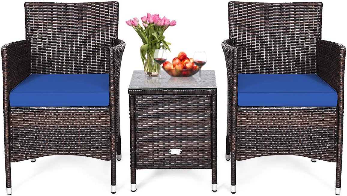 HAPPYGRILL 3 Piece Patio Furniture Set Outdoor Rattan Wicker Conversation Set with Coffee Table Chairs & Thick Cushions Bistro Sets for Patio Garden Lawn Backyard Pool