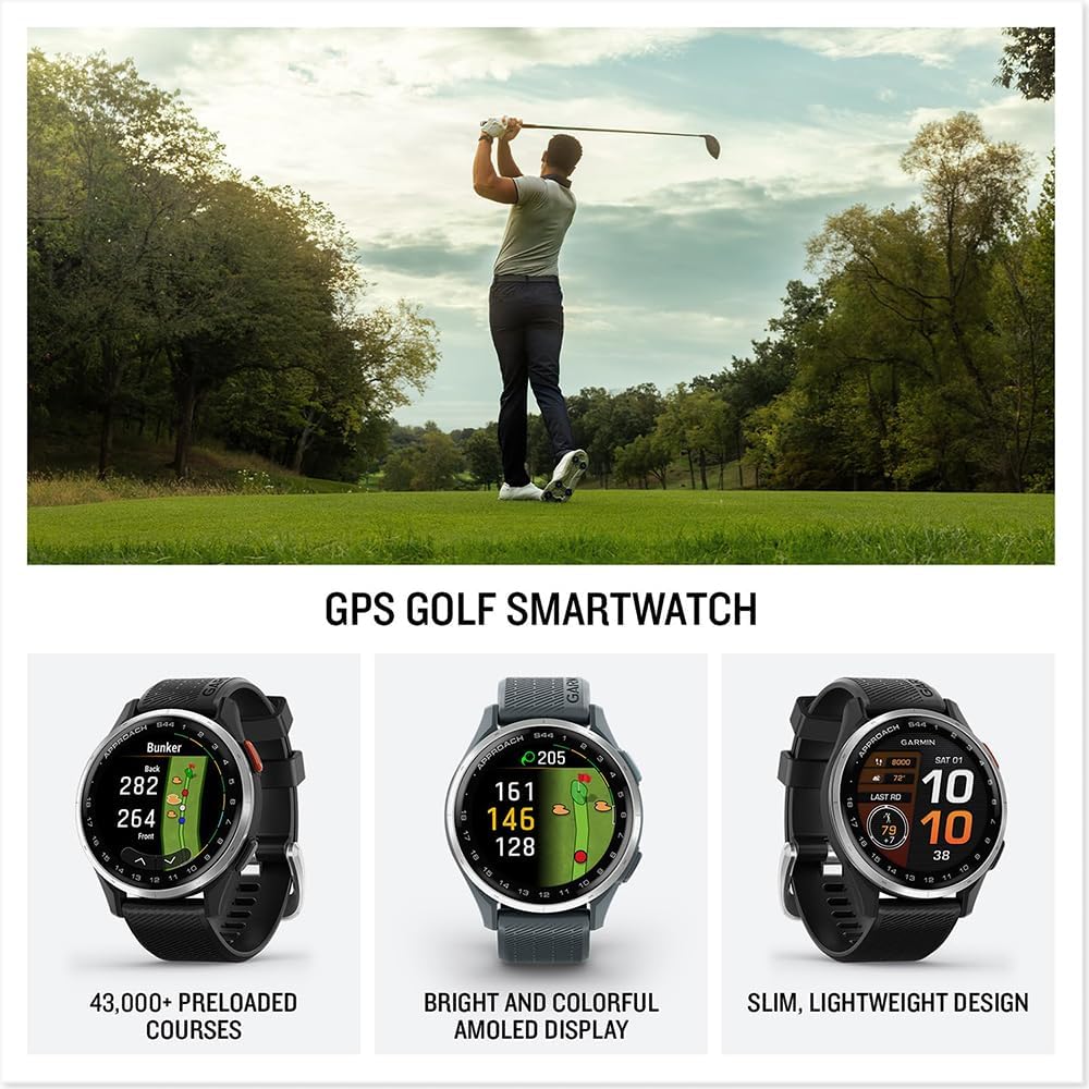 Garmin 010-03009-00 Approach S44 GPS Golf Smartwatch, Silver Aluminum Bezel with Black Silicone Band Bundle with 3X Silicone Dust Cover, 2X 1.2 Screen Protector and 2 YR CPS Enhanced Protection Pack