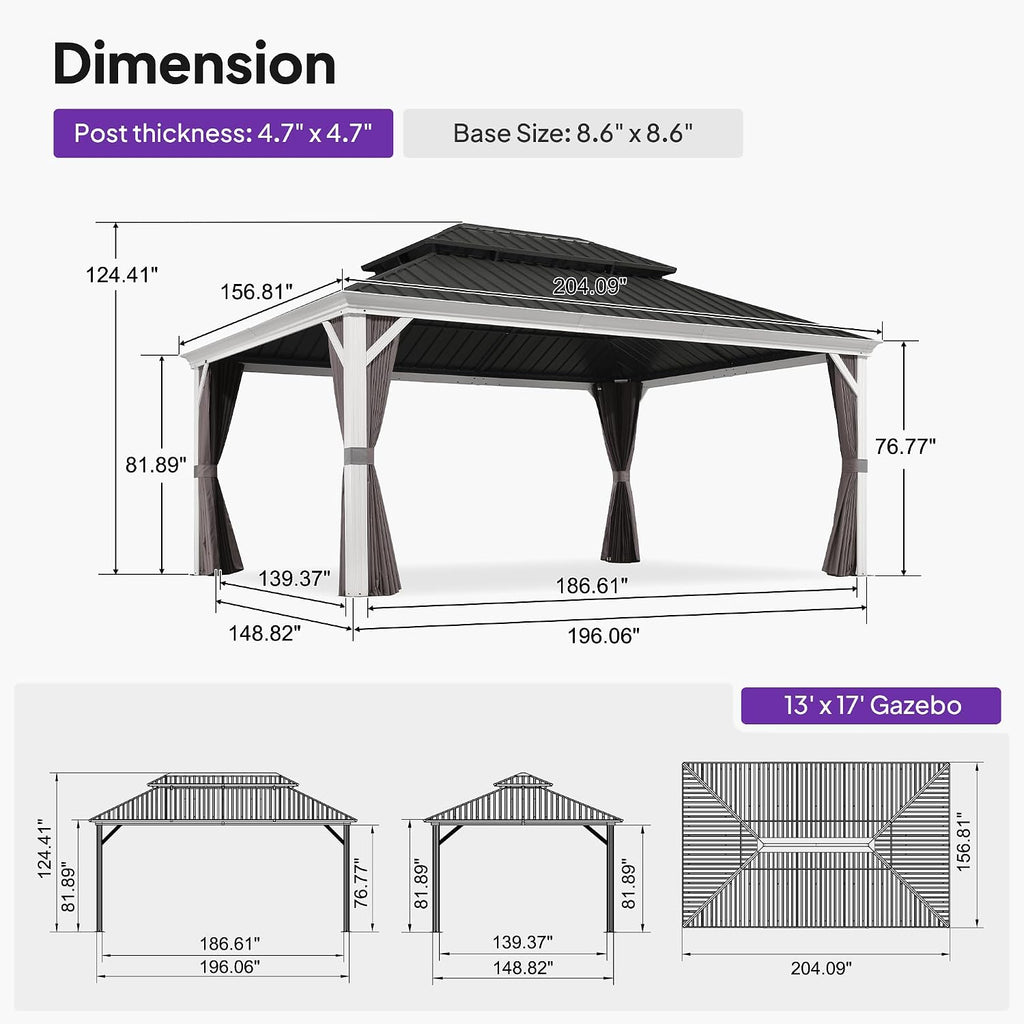 PURPLE LEAF 13' X 17' Hardtop Gazebo with Double Galvanized Steel Roof Awning and Upgrade Curtain for Patio Lawn and Garden, Grey