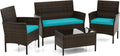 DORTALA Wicker Patio Furniture Set 4 Piece, Outdoor PE Rattan Table & Chairs Set with Tempered Glass Coffee Table, Loveseat, Cushions, Conversation Set for Balcony, Porch, Backyard, Deck, Turquoise