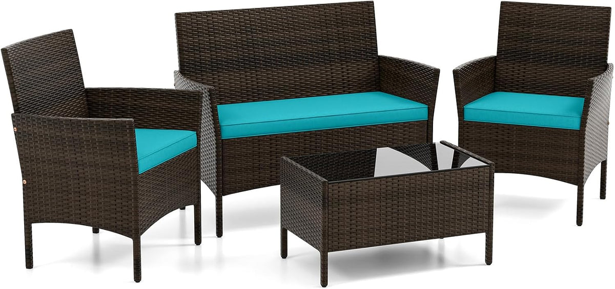 DORTALA Wicker Patio Furniture Set 4 Piece, Outdoor PE Rattan Table & Chairs Set with Tempered Glass Coffee Table, Loveseat, Cushions, Conversation Set for Balcony, Porch, Backyard, Deck, Turquoise