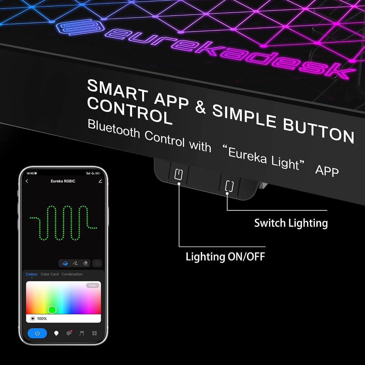EUREKA ERGONOMIC RGB LED Gaming Desk, Music Sync Lights Up Tempered Glass Desktop, 43' GTG I43 Home Office Computer Table W Controller Rack 4 USB Charging Ports, APP Control