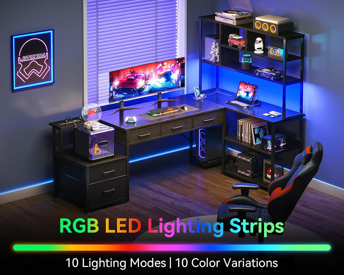 AODK 71 inch L Shaped Desk with 5 Drawers, Reversible L Shaped Gaming Desk with LED Light & 2 Power Outlets, Computer Desk with Storage Shelves for Home Office, Black