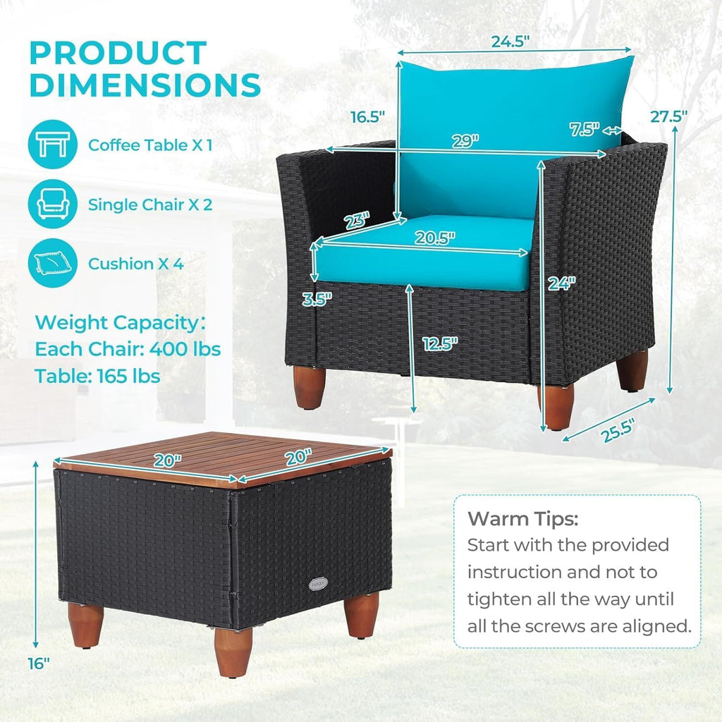 LDAILY Patio 3 Pieces Patio Furniture Set, PE Rattan Outdoor Wicker Sofa Chair with Washable Cushion & Wood Storage Table, Patio Conversation Set for Porch, Yard, Garden (Turquoise)