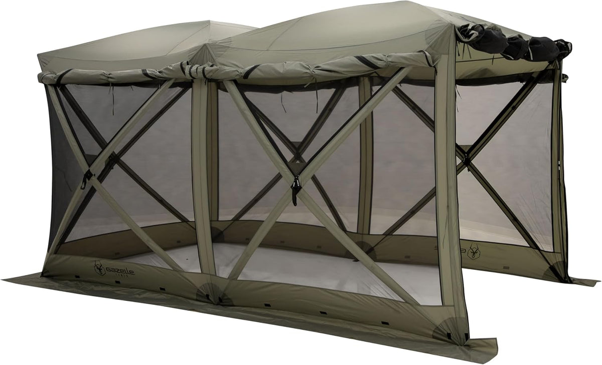 Gazelle Tents™ Tandem Gazebo, Easy Pop-Up Hub Screen Tent, Durable, TriTech Mesh, Waterproof, UV Resistant, 10-Person, Agave Green, 89' x 86' x 156', GG800AG