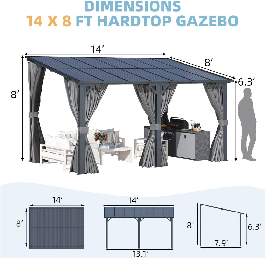 AECOJOY 14' x 8' Outdoor Gazebo, Hardtop Pergola Lean to 8x14 Gazebo with Curtains and Netting, Pergolas and Gazebos Clearance with Patio Roof, Large Wall-Mounted Heavy Duty Awnings for Patio, Decks