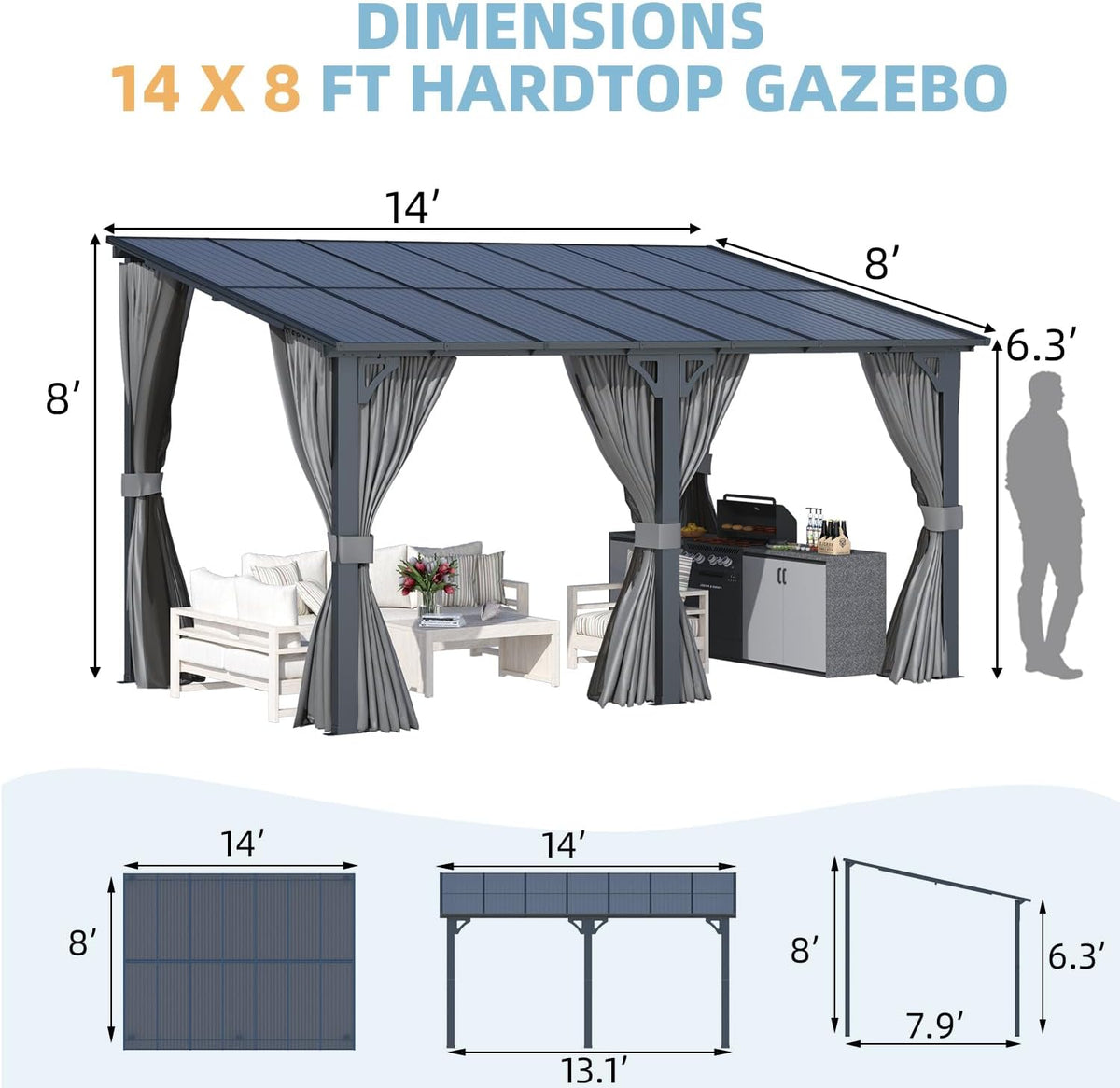 AECOJOY 14' x 8' Outdoor Gazebo, Hardtop Pergola Lean to 8x14 Gazebo with Curtains and Netting, Pergolas and Gazebos Clearance with Patio Roof, Large Wall-Mounted Heavy Duty Awnings for Patio, Decks
