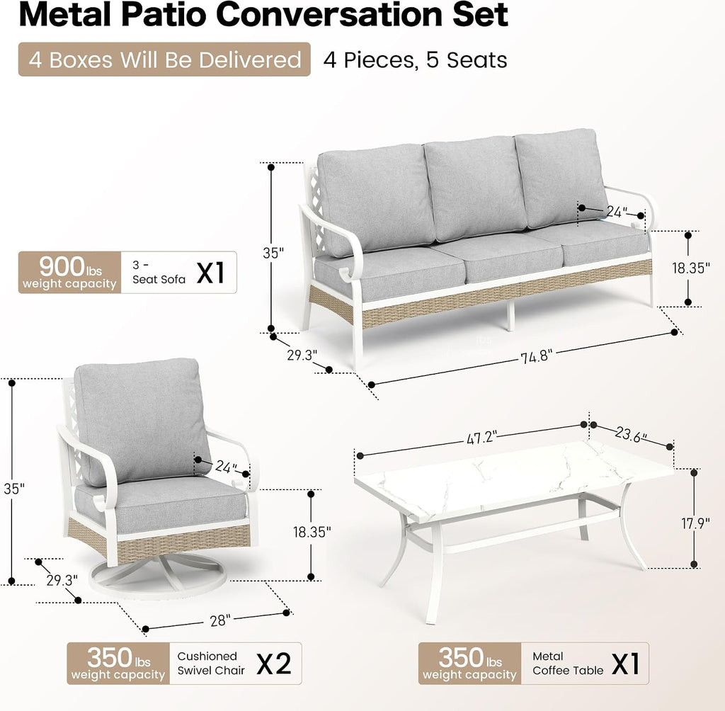 SUNSHINE VALLEY 4 PCS Metal Outdoor Patio Furniture Set, Patio Conversation Sets 1 3-Seater Sofa, 2 Swivel Chairs with 5.75' Extra Thick Cushion and Coffee Table, White Frame Backyard Furniture, Gray