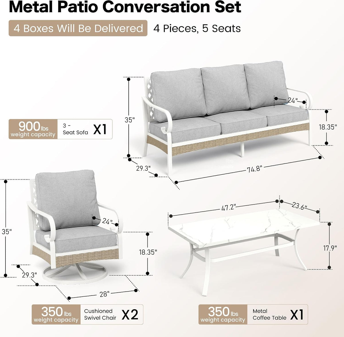 SUNSHINE VALLEY 4 PCS Metal Outdoor Patio Furniture Set, Patio Conversation Sets 1 3-Seater Sofa, 2 Swivel Chairs with 5.75' Extra Thick Cushion and Coffee Table, White Frame Backyard Furniture, Gray