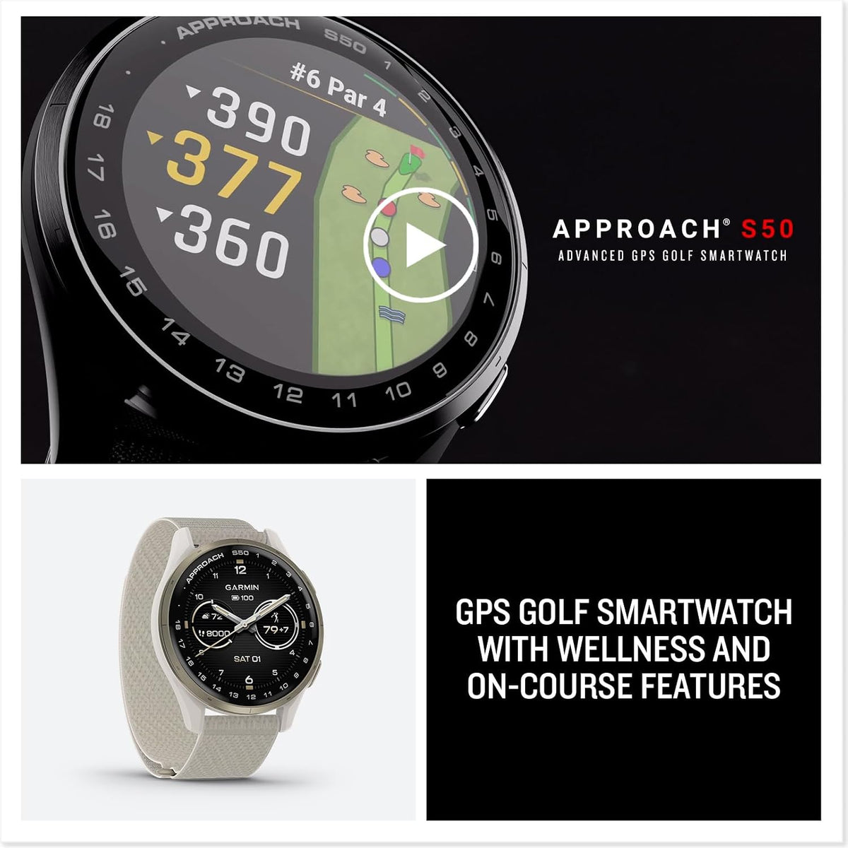 Garmin Approach® S50, Advanced Golf GPS Smartwatch, AMOLED Display, On-Course Features, Wrist-Based Heart Rate, Slate Aluminum Bezel with Black ComfortFit Nylon Band