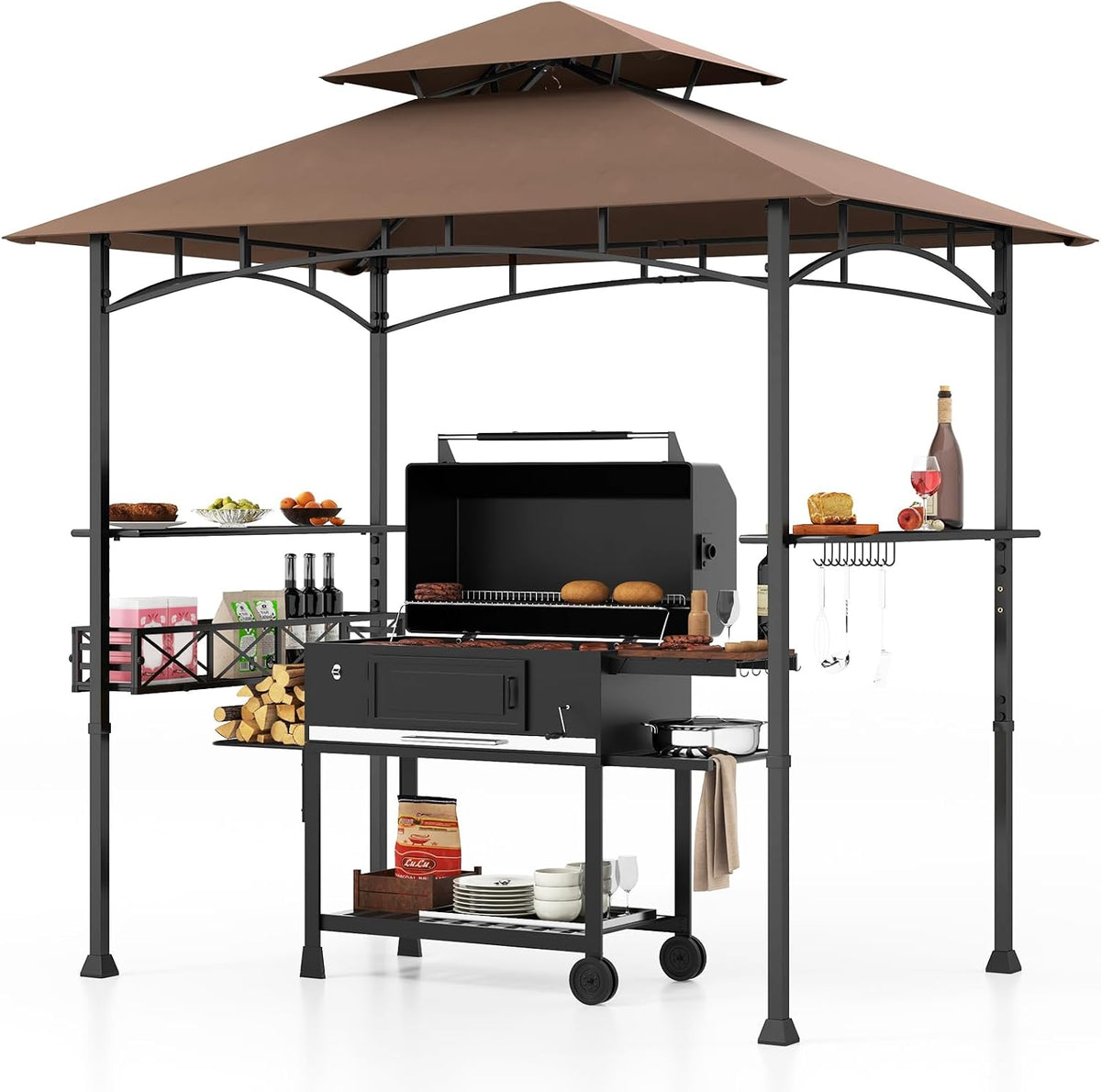 Tangkula 8x5 Ft Grill Gazebo, 2-Tier Barbecue Gazebo with 2 Shelves, 20 Hanging Hooks, Bottle Opener & Storage Basket, Outdoor Grill Canopy for Backyard Garden Poolside (Coffee)