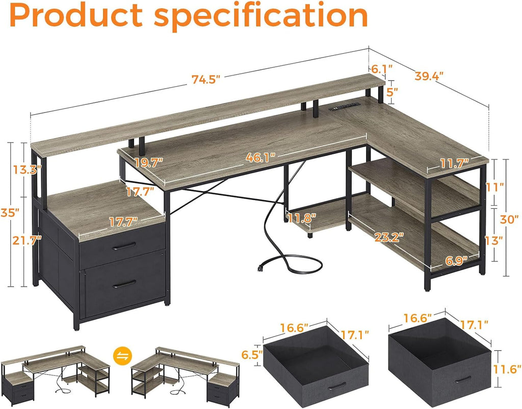 ODK 75' L Shaped Desk with File Drawers, Work from Home Office Desk with Power Outlet, Reversible Computer Desk with Storage Shelves, Gaming Desk with Monitor Shelf, Corner WFM Table, Grey Oak