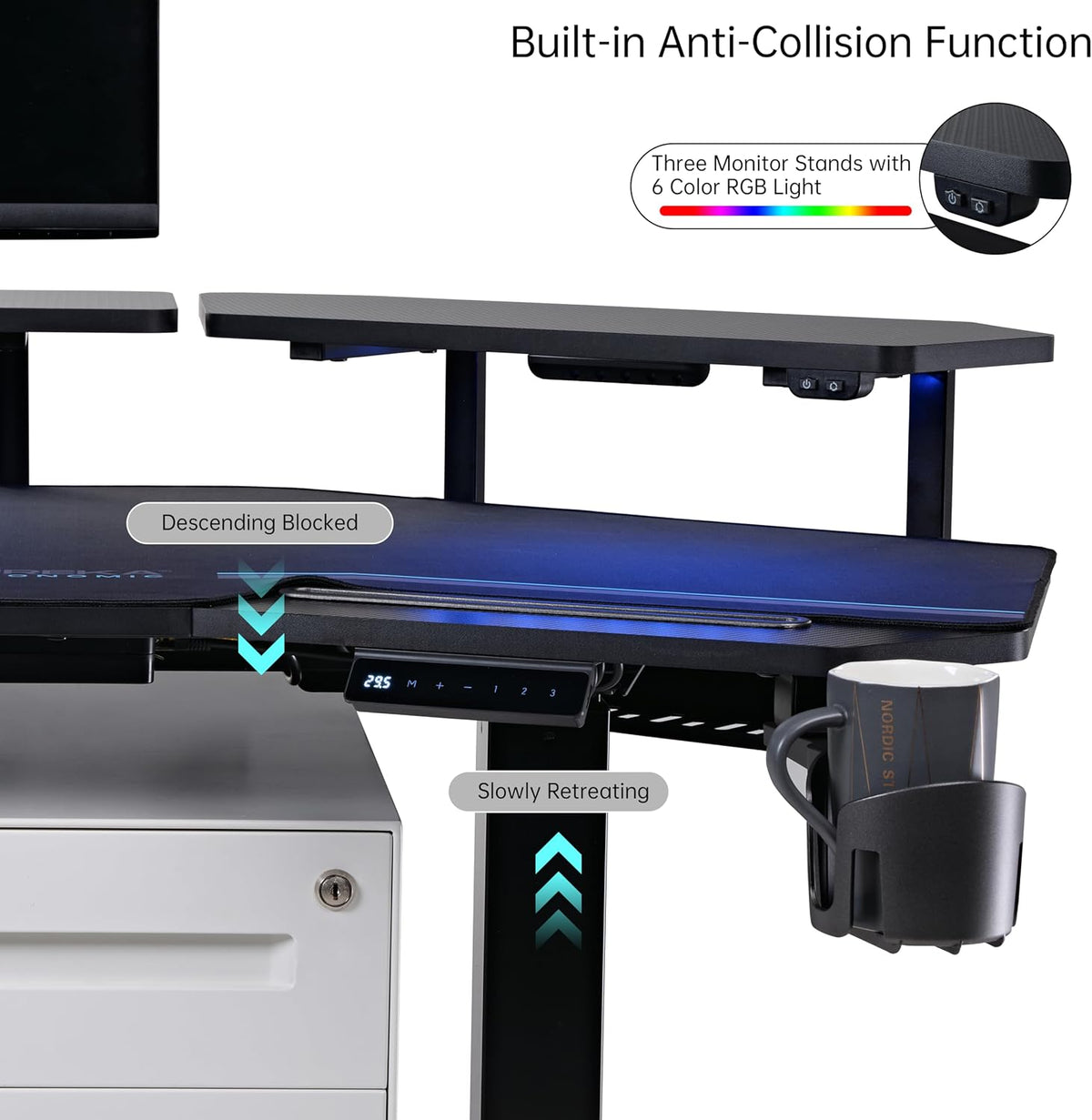 EUREKA ERGONOMIC Gaming Desk Adjustable Height Standing Desk 63' Wing Shaped Music Studio Table Workstation w Full Coverage Mousepad, 3 Stands, Dual Headphone/Cup Holder, Ipad-Slot