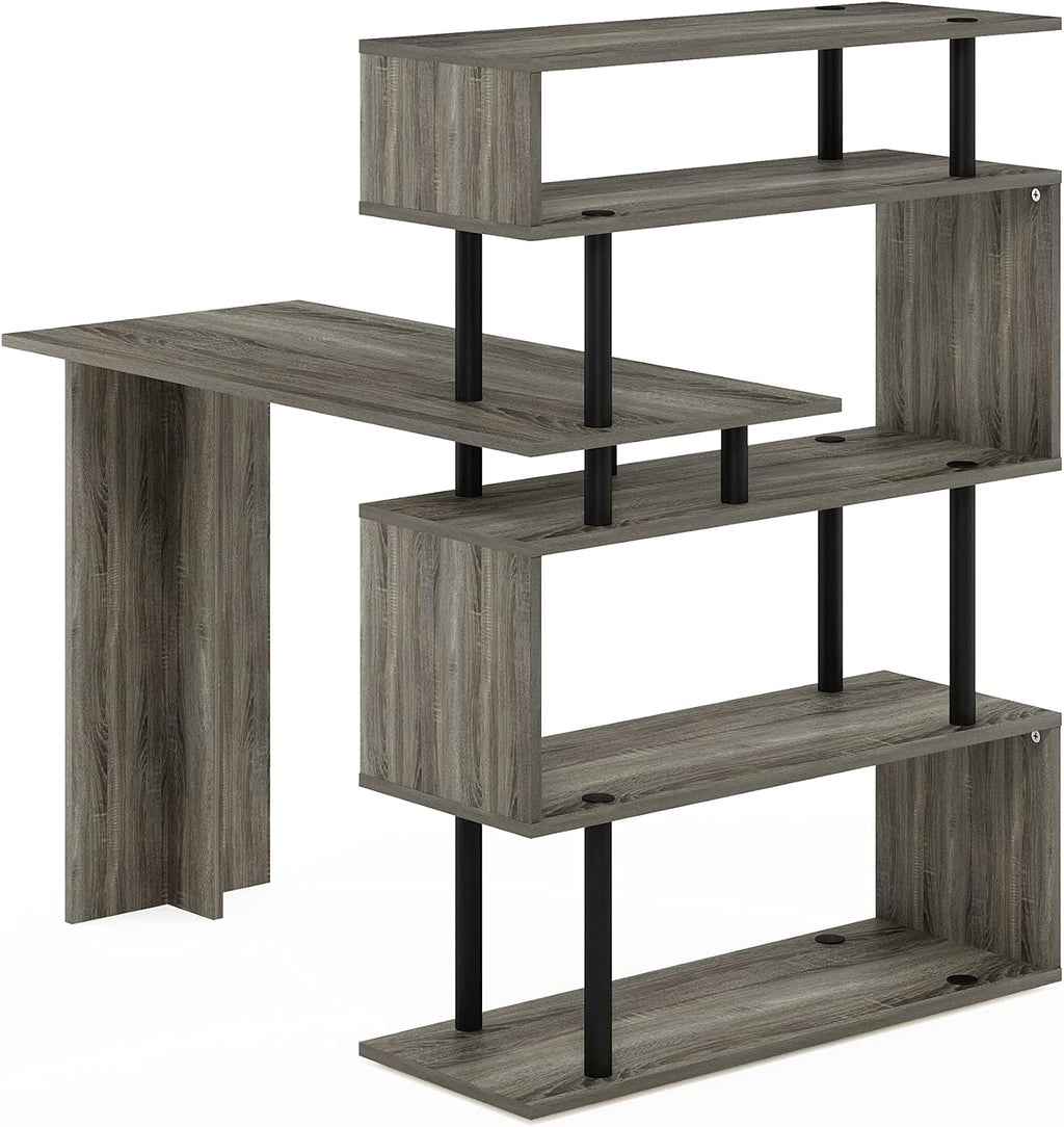Furinno Classic L Shape Computer Desk, Gaming Desk, Office Desk with 5-Tier Shelves, 40' Wide, for Home Office, Study, Gaming, Grey Oak