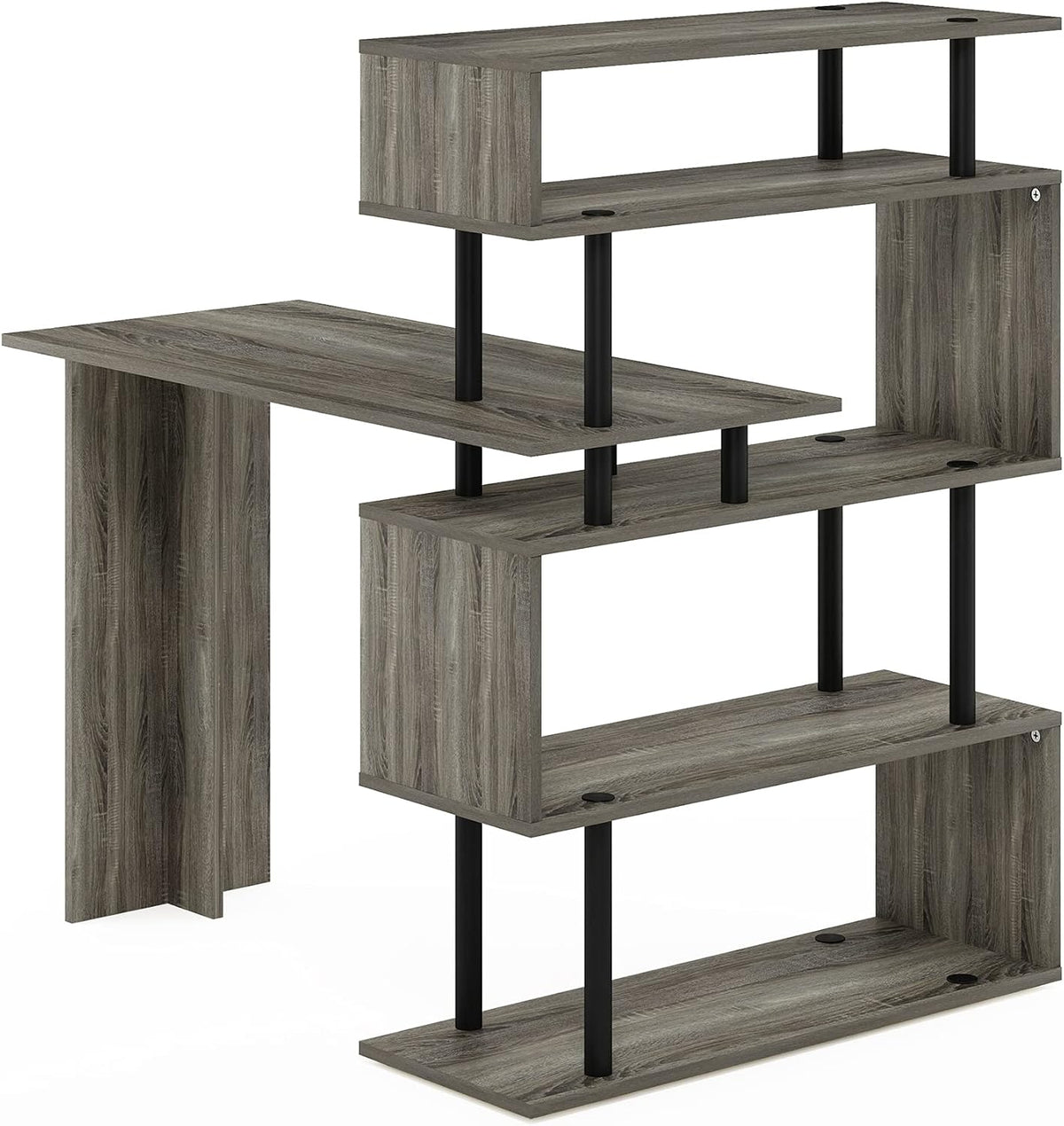 Furinno Classic L Shape Computer Desk, Gaming Desk, Office Desk with 5-Tier Shelves, 40' Wide, for Home Office, Study, Gaming, Grey Oak