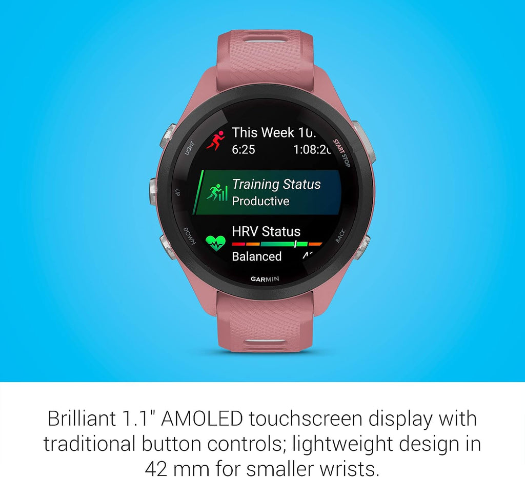 Garmin Forerunner 265S Running Smartwatch, Colorful AMOLED Display, Training Metrics and Recovery Insights, Light Pink and Powder Gray