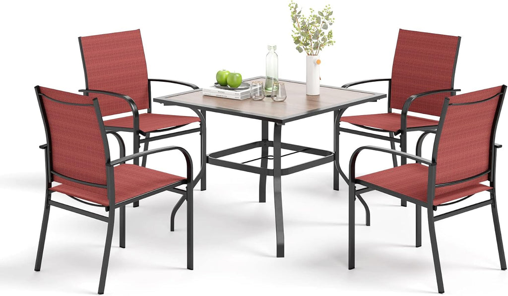 MIXPATIO 5 Pieces Patio Table and Chairs Set, 4 Person Outdoor Dining Furniture Set, 4 Red Textilene Chairs and 37' Wood-Like Table Top Table with Umbrella Hole, for Deck Backyard Lawn