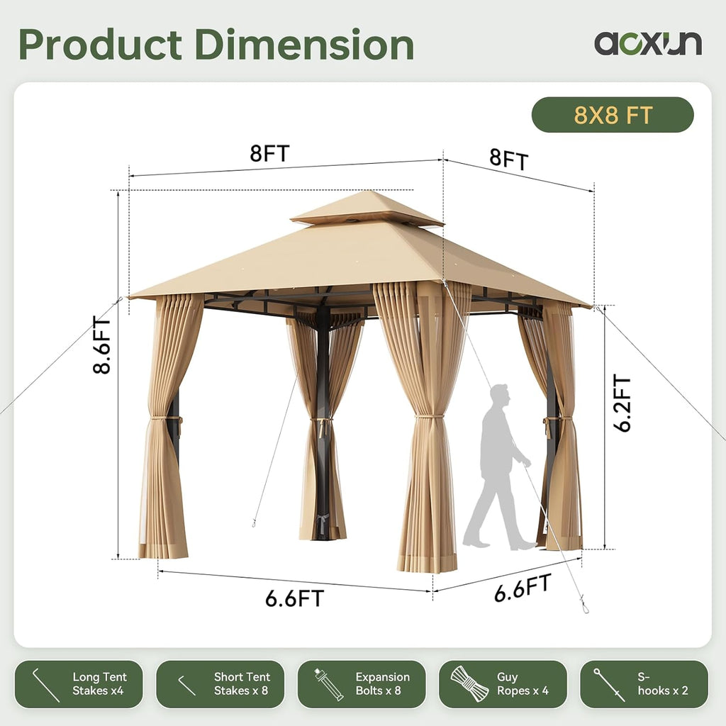 Aoxun 8x8 Gazebo with Double Roof & Mosquito Netting Outdoor Heavy-Duty Party Tent, Patio Tent with Zipper Screens - Backyard Garden Lawn Shelter Includes Wind Ropes Expansion Bolts, Beige