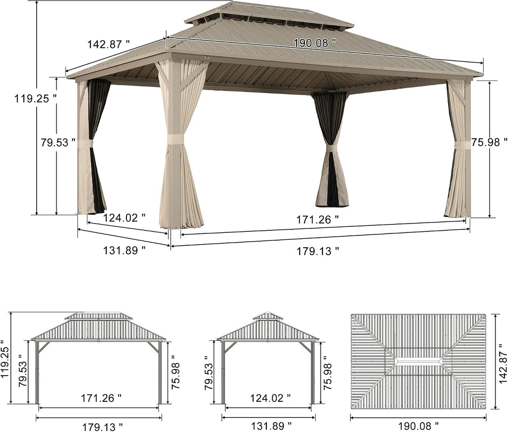 PURPLE LEAF 12' x 16' Outdoor Hardtop Gazebo, Champagne Aluminum Gazebo with Galvanized Steel Double Roof, Curtains and Netting for Patio Lawn and Garden