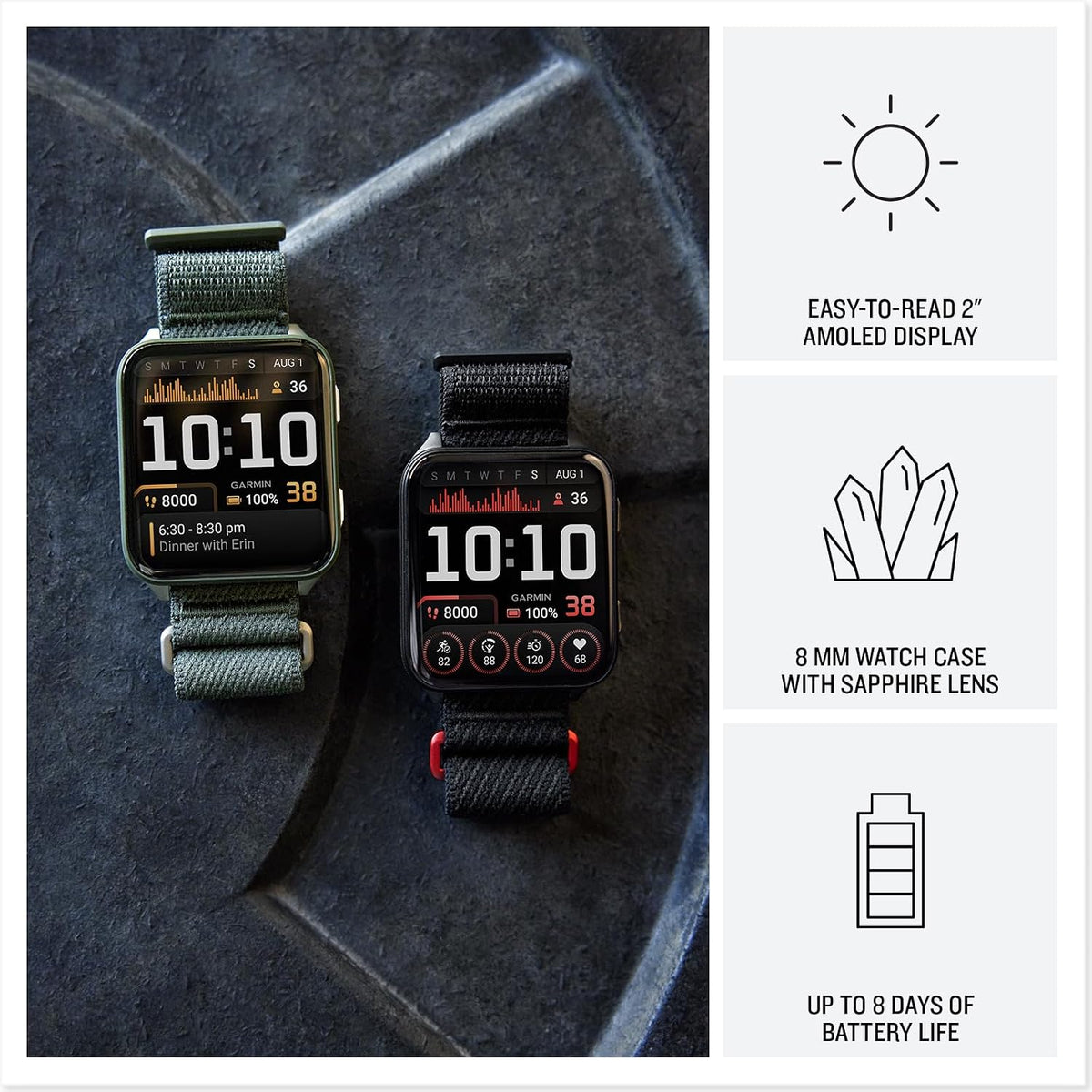 Garmin Venu X1 Thin and Lightweight GPS Smartwatch, 2' AMOLED Display, Sapphire Lens, LED Flashlight, Built-in Maps, 100+ Sports Apps, Fitness and Wellness Tracking, Moss with Titanium Caseback