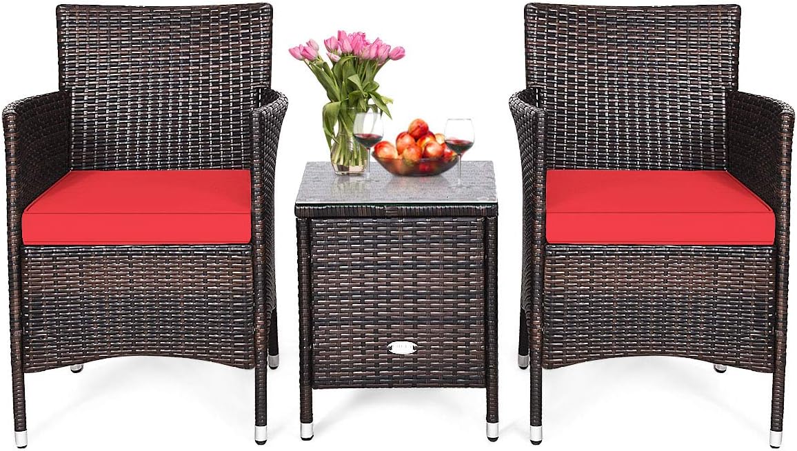 HAPPYGRILL 3-Piece Patio Furniture Set Outdoor Rattan Wicker Conversation Set with Coffee Table Chairs & Thick Cushions Bistro Sets for Patio Garden Lawn Backyard Pool