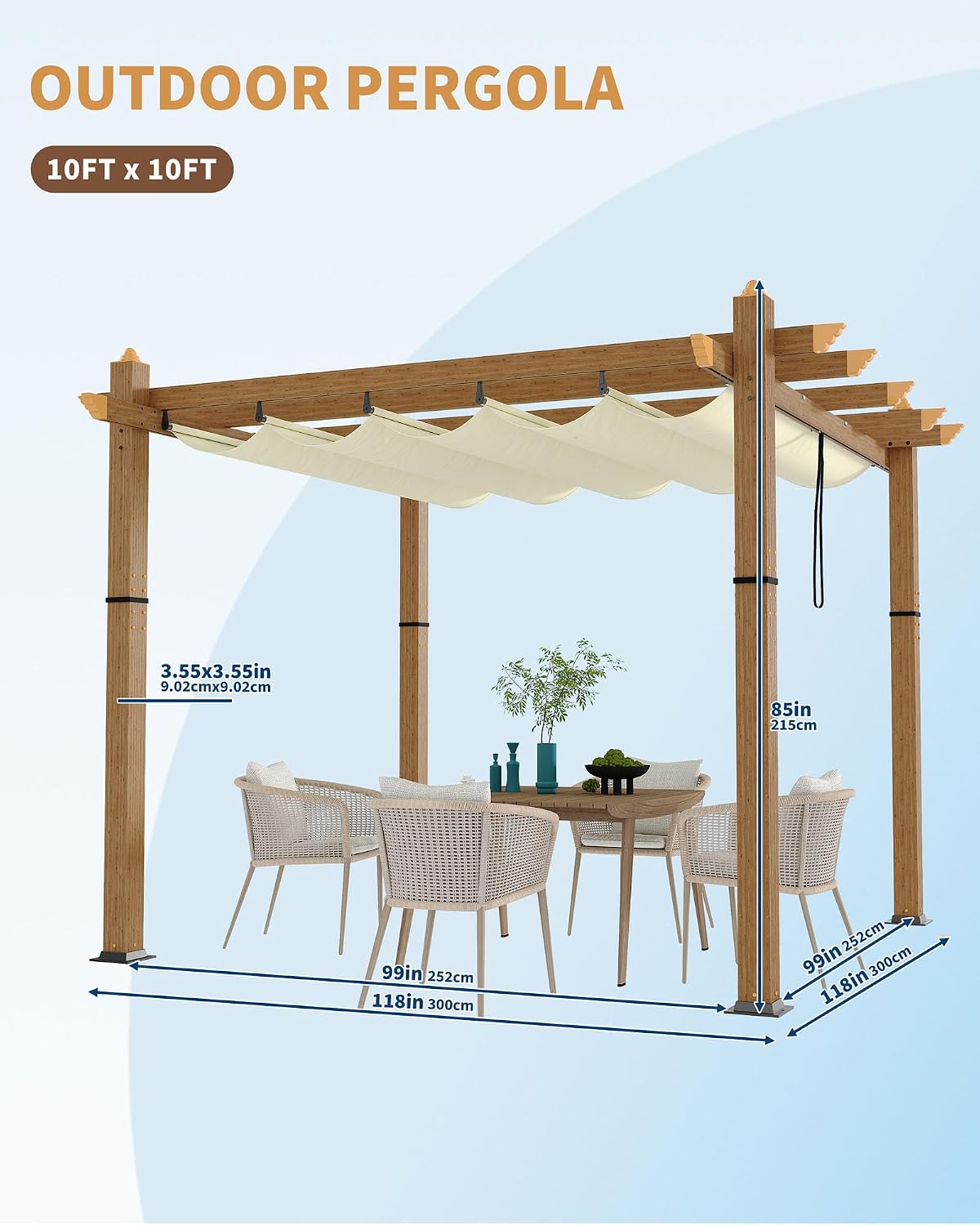 KYBOLT 10x10 Ft Outdoor Pergola with Retractable Canopy Aluminum Imitation Wood Grain Metal Patio Pergola for Backyard Deck Porch Grape Trellis(Beige)