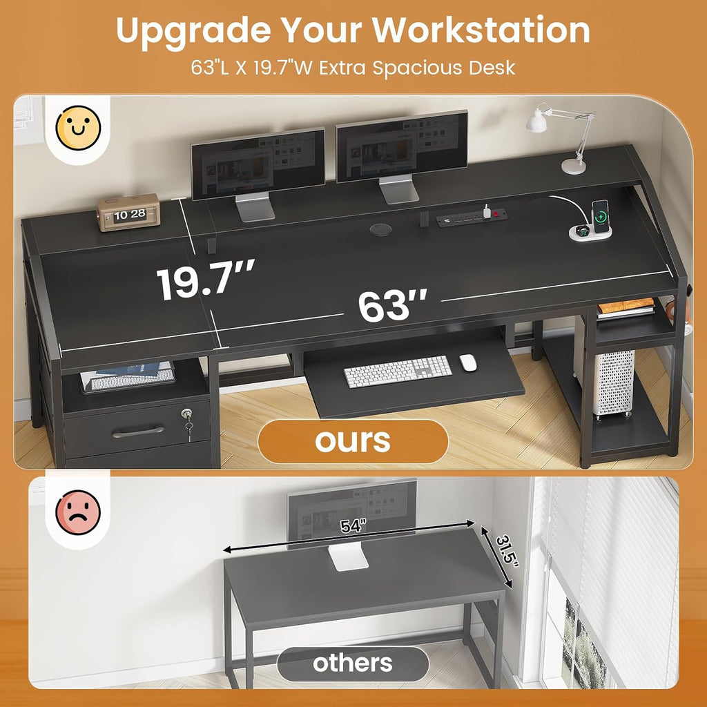 SEDETA 63' Computer Desk, Office Desk with Lockable Drawers for Legal/Letter File, Gaming Desk with LED Lights & Power Outlet, Home Office Desks with Storage, Black
