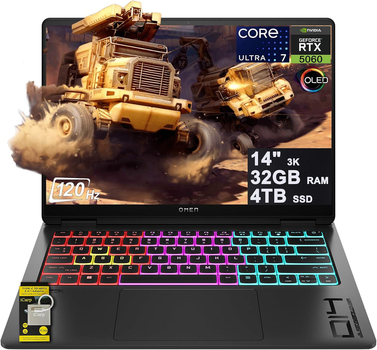 HP Omen Transcend 14 Gaming AI Laptop 14' 3k OLED 120Hz (100% DCI-P3, HDR 500nits) Intel 16-core Ultra 7 255H 32GB RAM 4TB SSD GeForce RTX 5060 (Up to 572 AI Tops) RGB Backlit HyperX Win11 ICP Hub