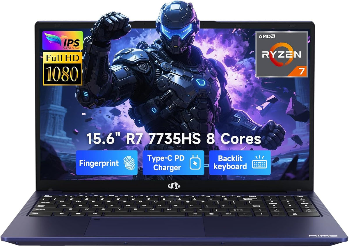 NIMO Gaming Laptop, 15.6' FHD IPS Anti-Glare Screen, AMD R7 7735HS (Up to 4.75GHz, Beat i7-12650H) Computer with 16GB DDR5 RAM 256GB SSD, 180° Viewing, Radeon 680M, 100W Type-C, for Business, College