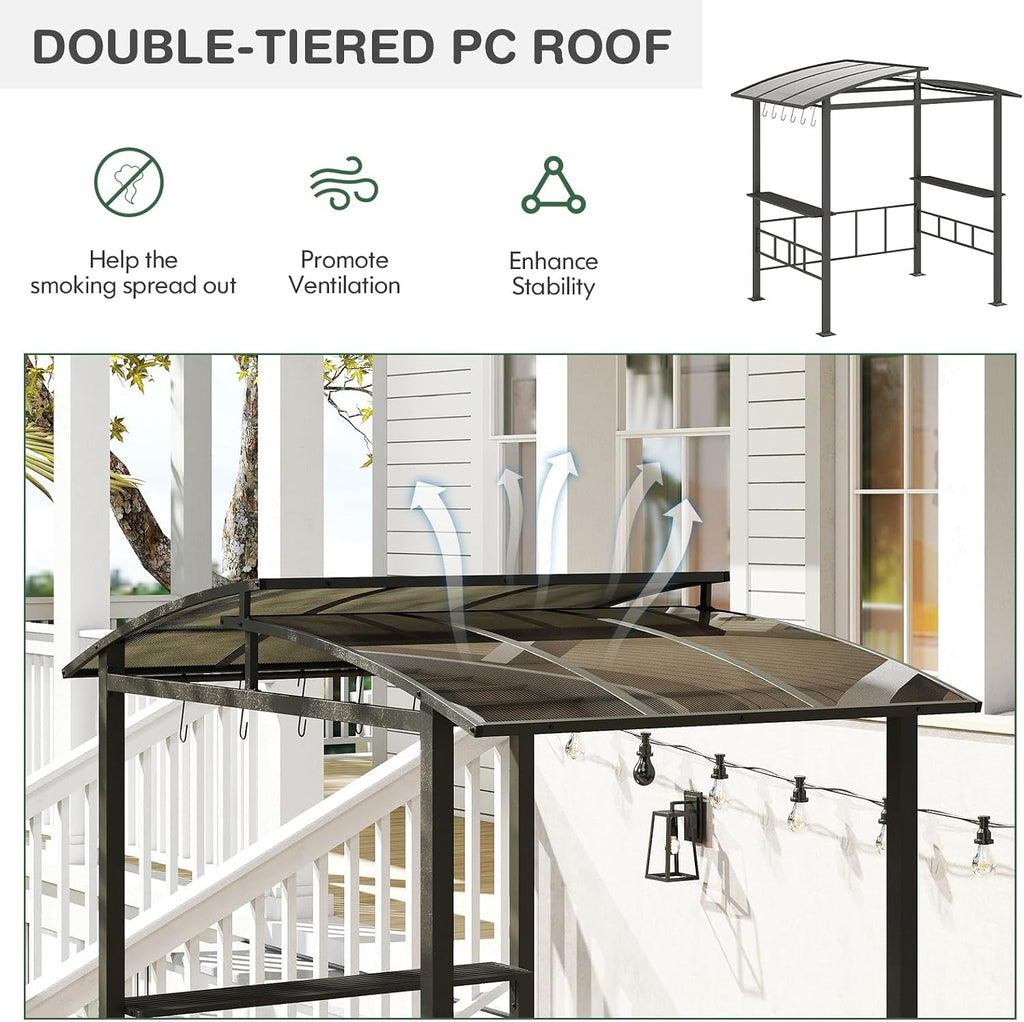 Tangkula 8x5 FT Hardtop Grill Gazebo, Outdoor Double-Tiered Barbecue Canopy with Vented Polycarbonate Roof, 2 Side Shelves, 6 Hooks, Outdoor Grill Shelter for Patio Garden Lawn Deck (Black)