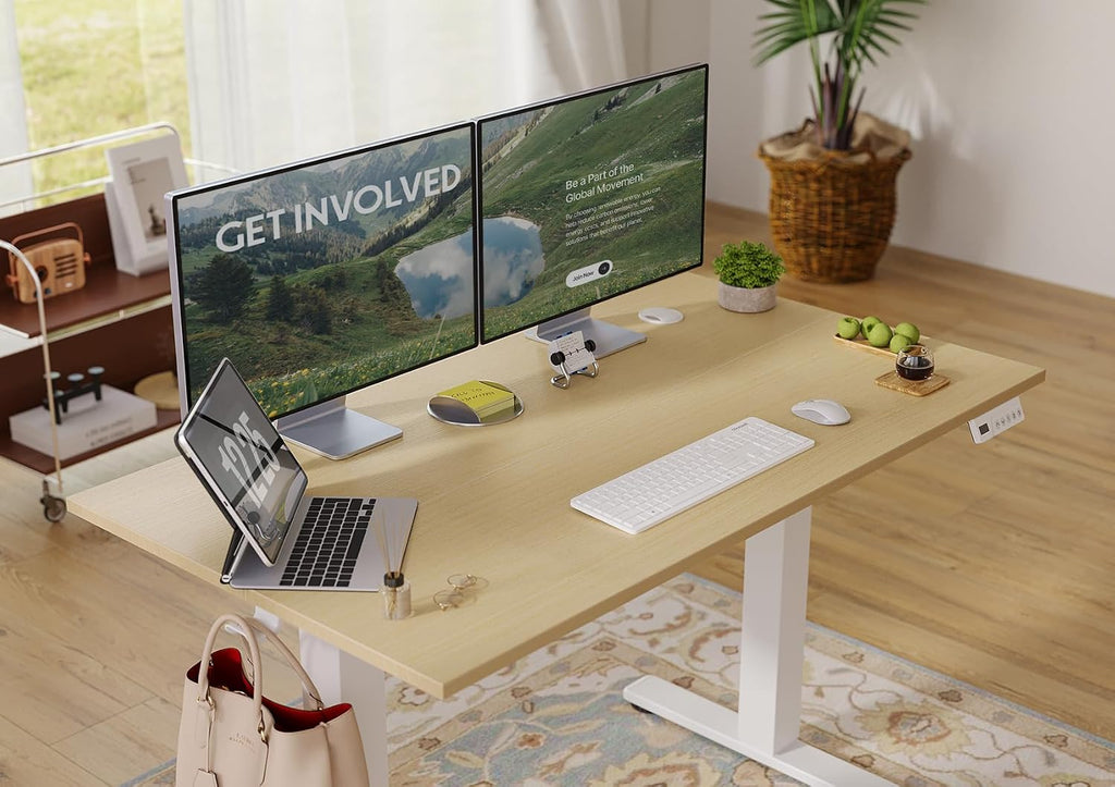 Seang Electric Standing Desk Adjustable Height, 40 x 24 Inch Sit Stand Desk with T-Shaped Frame, 3 Memory Presets & Cable Management for Home Office Computer Workstation, White Frame/Nature Top