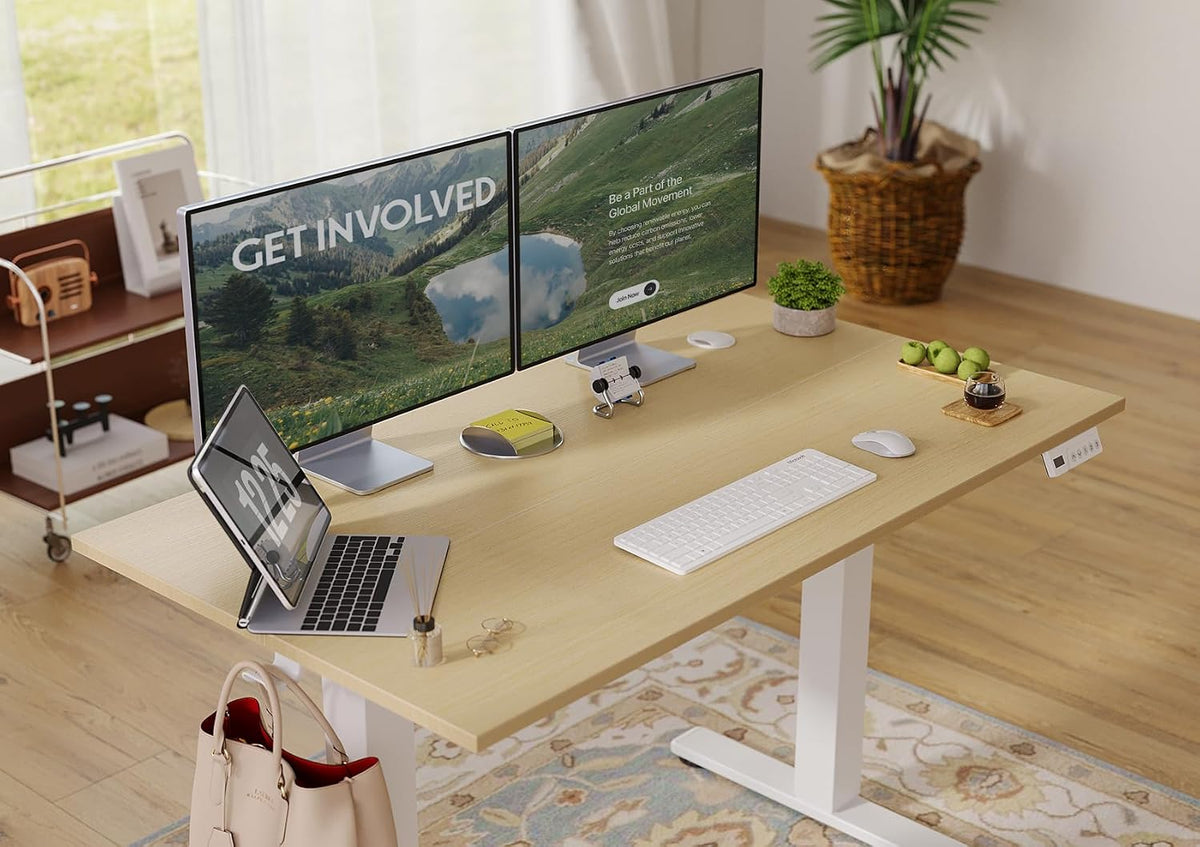 Seang Electric Standing Desk Adjustable Height, 40 x 24 Inch Sit Stand Desk with T-Shaped Frame, 3 Memory Presets & Cable Management for Home Office Computer Workstation, White Frame/Nature Top