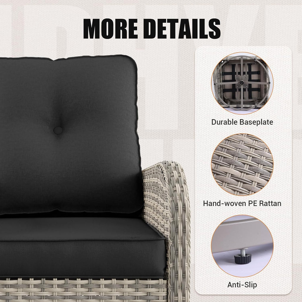 10Pcs Patio Rocking Swivel Chair with 55,000 BTU Fire Pit Table Outdoor Wicker Rattan Bistro Set with Tempered Glass Side Table, Outdoor Patio Furniture Set for Garden and Balcony, Dark Grey