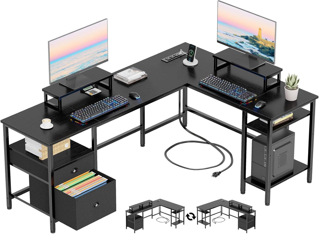 Furologee 66' L Shaped Desk with Power Outlet, Reversible Computer Gaming Desk with File Drawer & 2 Monitor Stands for Home Office with Storage Shelves, Black