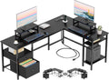 Furologee 66' L Shaped Desk with Power Outlet, Reversible Computer Gaming Desk with File Drawer & 2 Monitor Stands for Home Office with Storage Shelves, Black