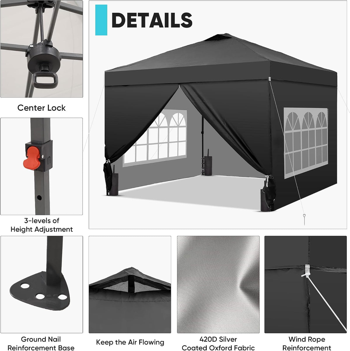 GDY 12x12 Pop Up Canopy Tent with 4 Sidewalls, Easy Set up with One Push Lift Gazebo with Wheel Bag and4 Sandbags,Carpas for Events, Parties,Camping, Black.
