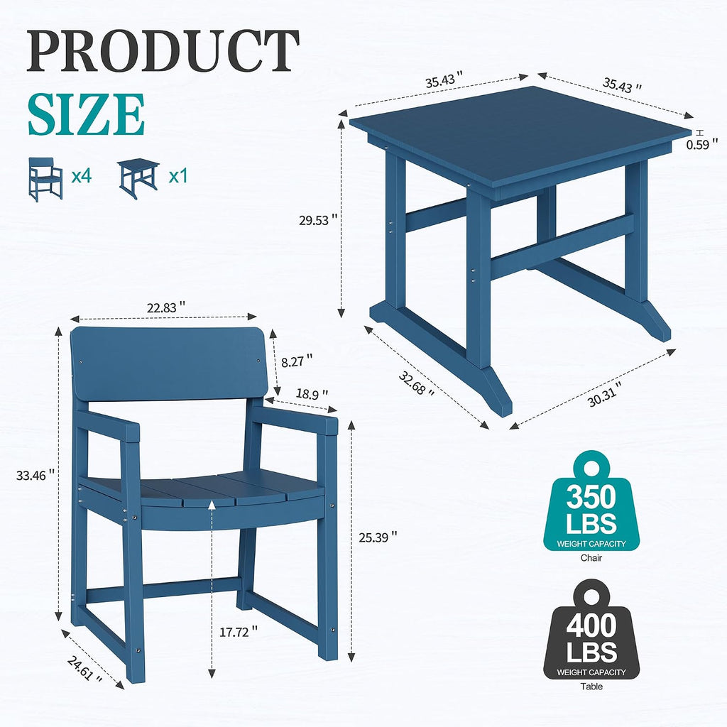 Vongrasig 5 Pieces Patio Dining Set, All Weather Outdoor HDPE Dining Furniture Set with Table and Chairs for 4, Garden Patio Furniture Set for Lawn, Backyard, Poolside, Blue