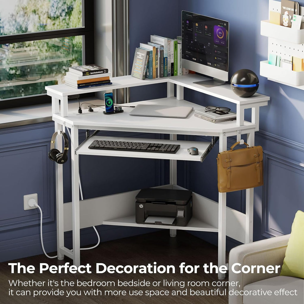 Rolanstar Corner Desk, 44.5' W x 34.5' H Small Computer Desk with Power Outlets, Gaming Desks with LED Lights, Triangle Corner Table with Keyboard Tray & Monitor Stand for Small Space, White