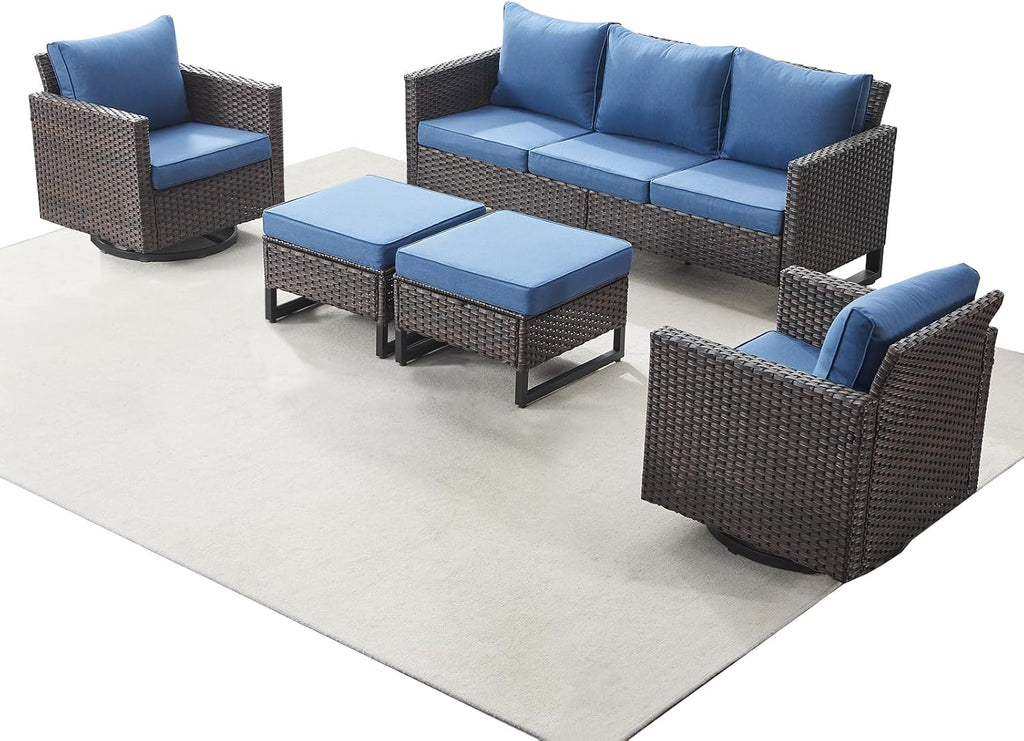 Luxury Wicker Outdoor Patio Furniture Set of 5 - 5 Piece Patio Conversation Set with 2 Swivel Rocker Chairs,2 Rattan Ottoman and 1 Couch for Outside Porch Deck Backyard Garden(Light Grey/Sky Blue)